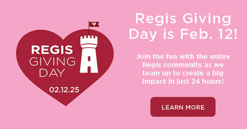 Drawing of Regis' Norman Tower inside of a red heart with the text: Regis Giving Day 02.12.25