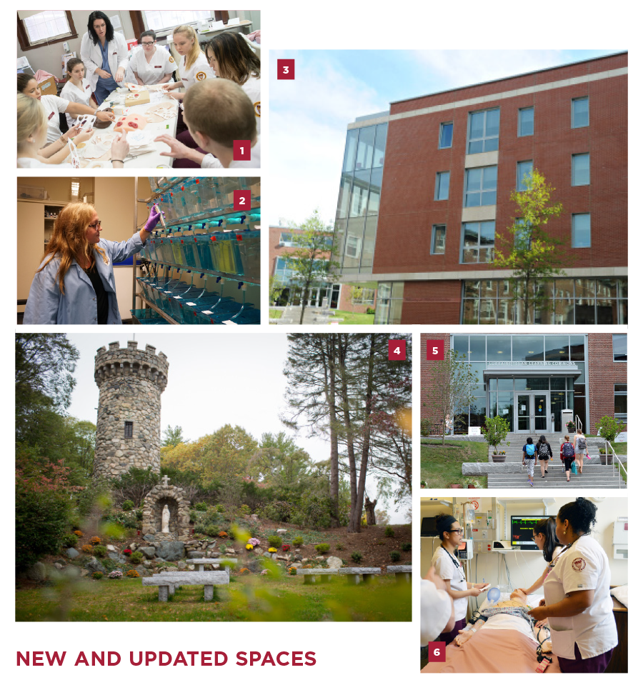 Collage of numbered photos titled 'New and Updated Spaces' - 1) nursing students gathered around a table, 2) A woman in a lab coat inspects zebrafish tanks, 3) the Maria Hall Extension, 4) the Grotto with the Norman Tower in the background, 5) students walk up the steps to the Learning Commons, 6) nursing students gathered around a practice mannequin - detailed descriptions follow